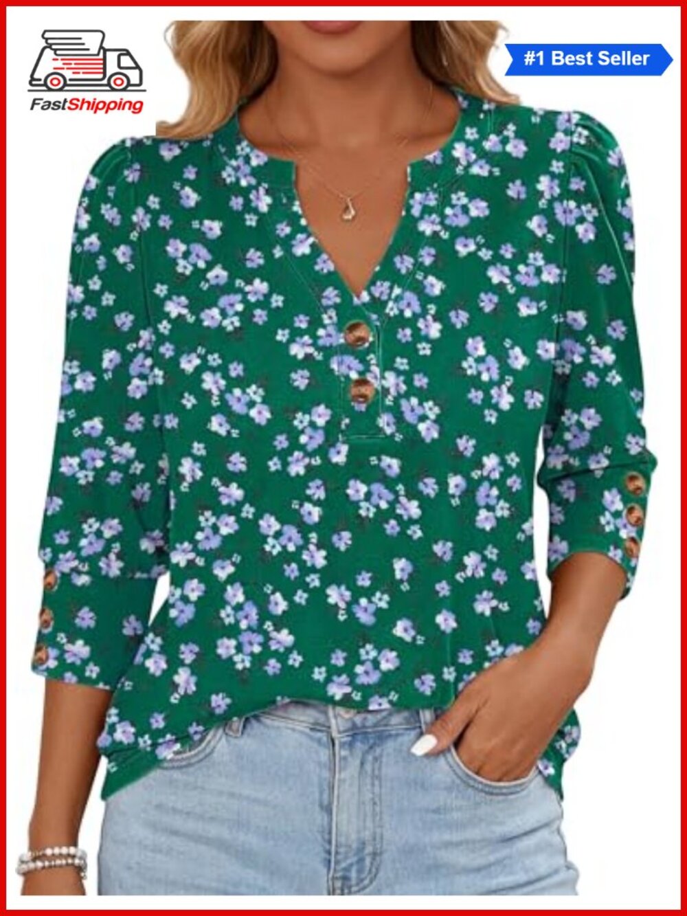 Women's Henley Blouse 3/4 Sleeve Button V Neck Tunic Business Casual Top